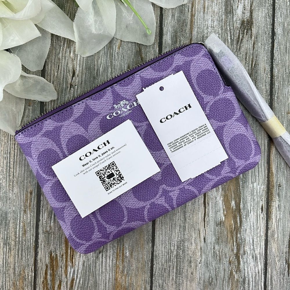 Corner Zip Wristlet In Signature Canvas Silver Iris Wallet Bag Purse - Picture 5 of 6